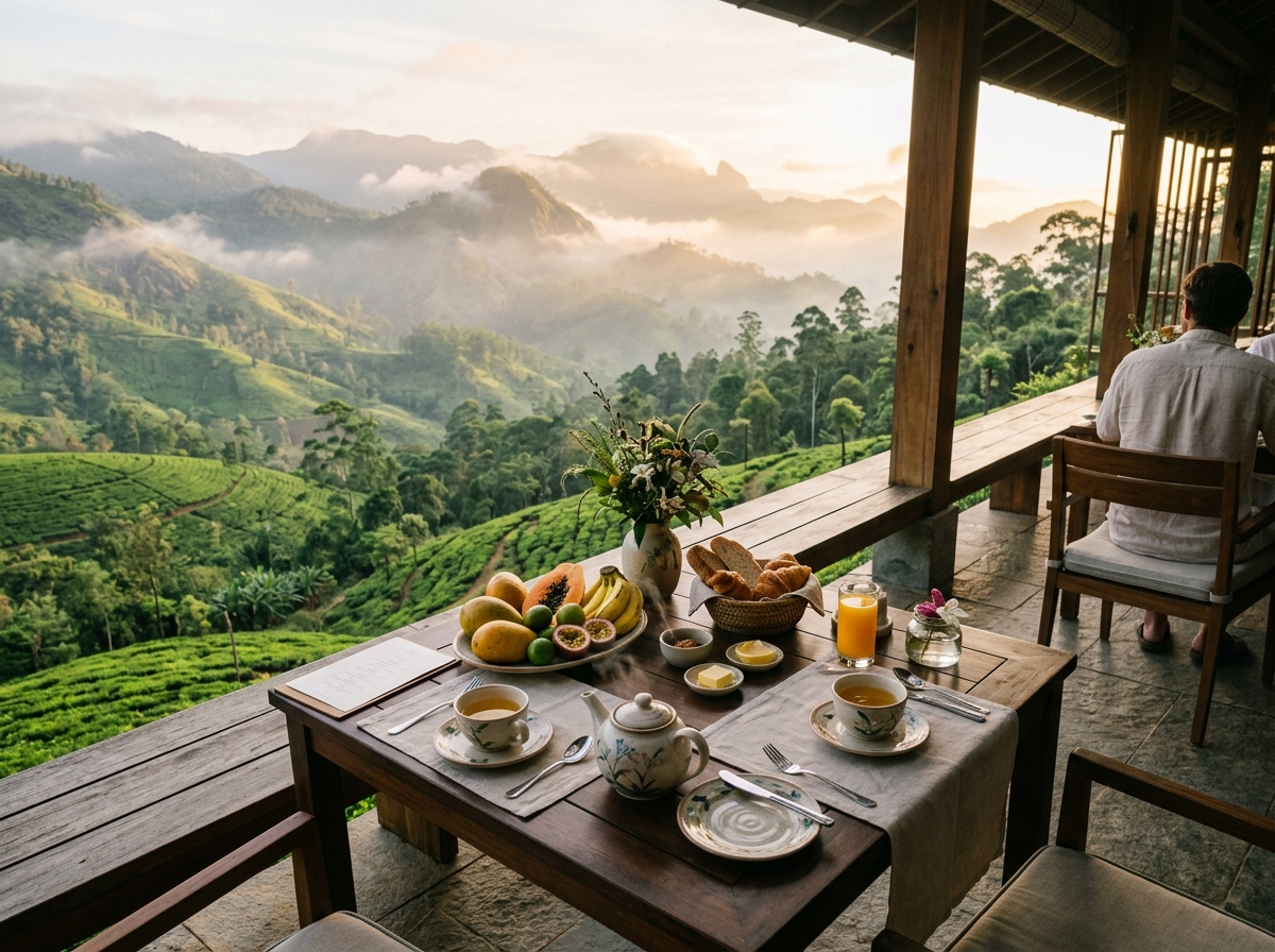 Breakfast table on open terrace overlooking tea plantations and misty mountains