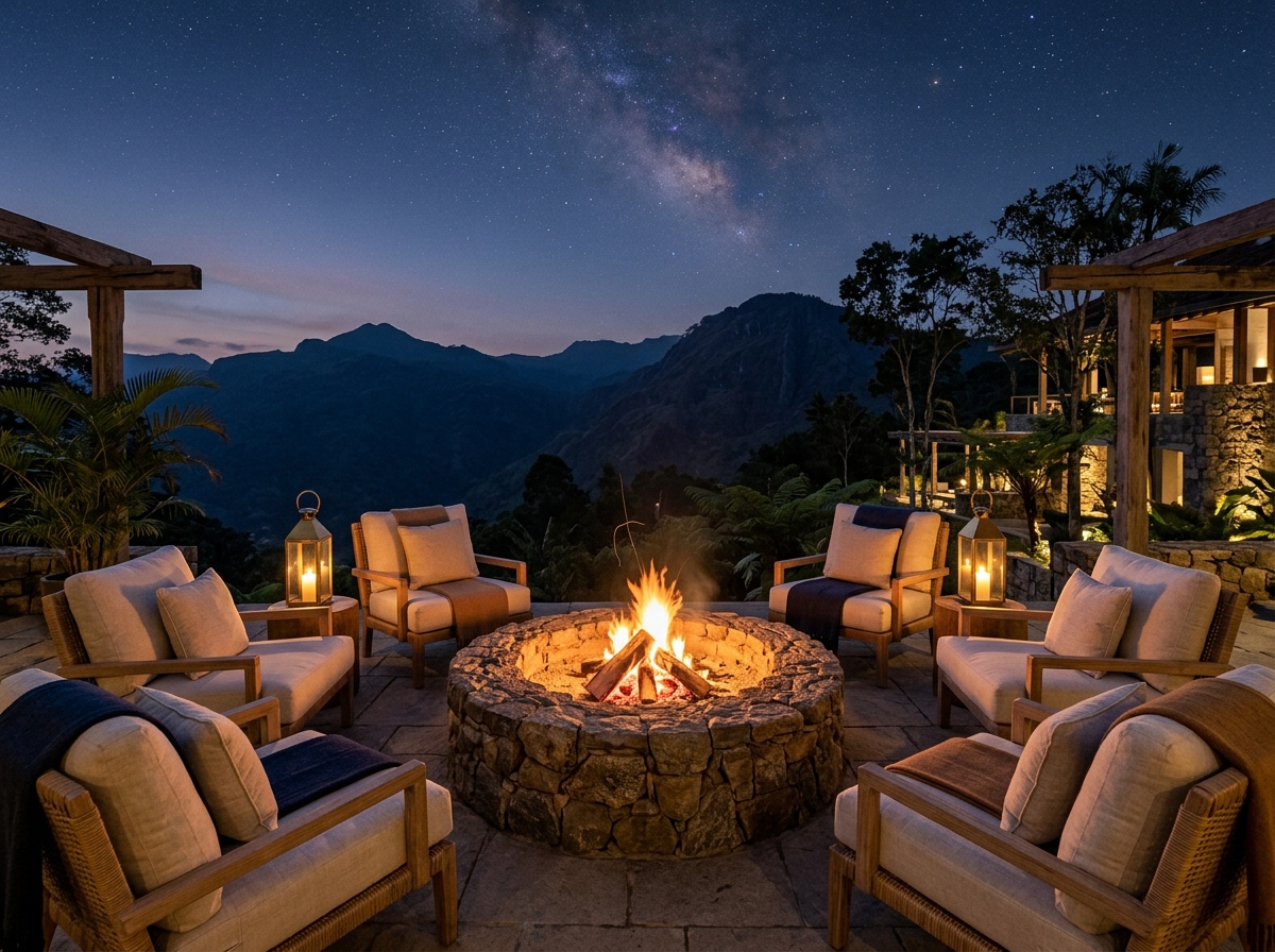 Circular stone fire pit lit at dusk under a starry mountain sky