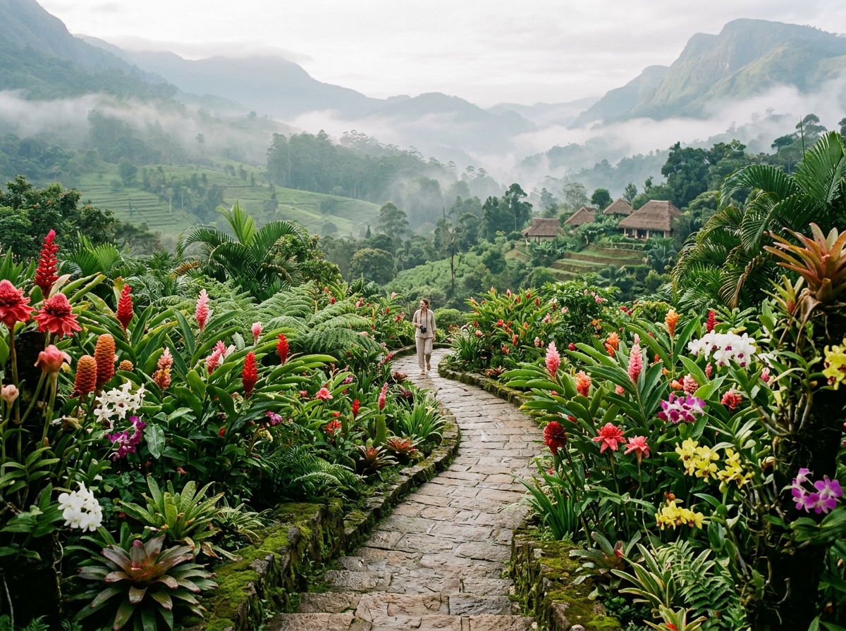 Tropical flowers and stone path with misty mountain background