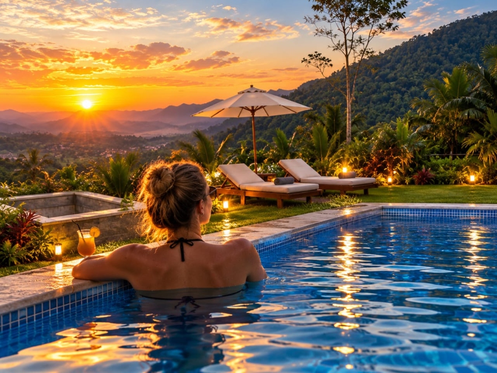 Sunset infinity pool with mountain valley view and loungers